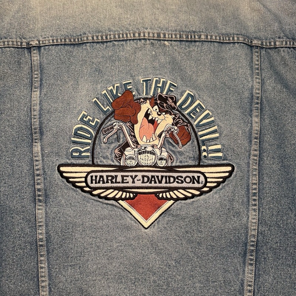 Vtg Harley Davidson Warner Bros Tazmanian Devil Denim Jacket‎ Adult L Distressed
